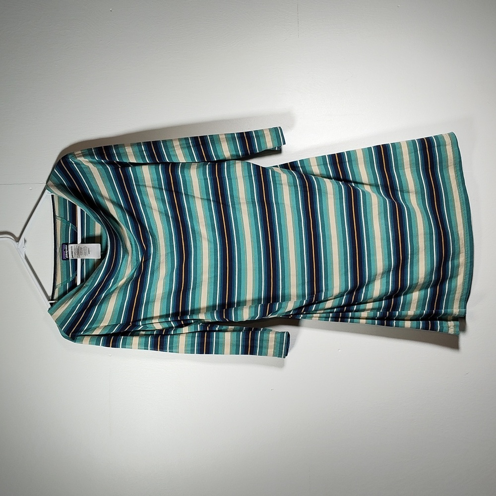 Patagonia Kamala striped cowl neck cotton jersey knit‎ dress green blue large
